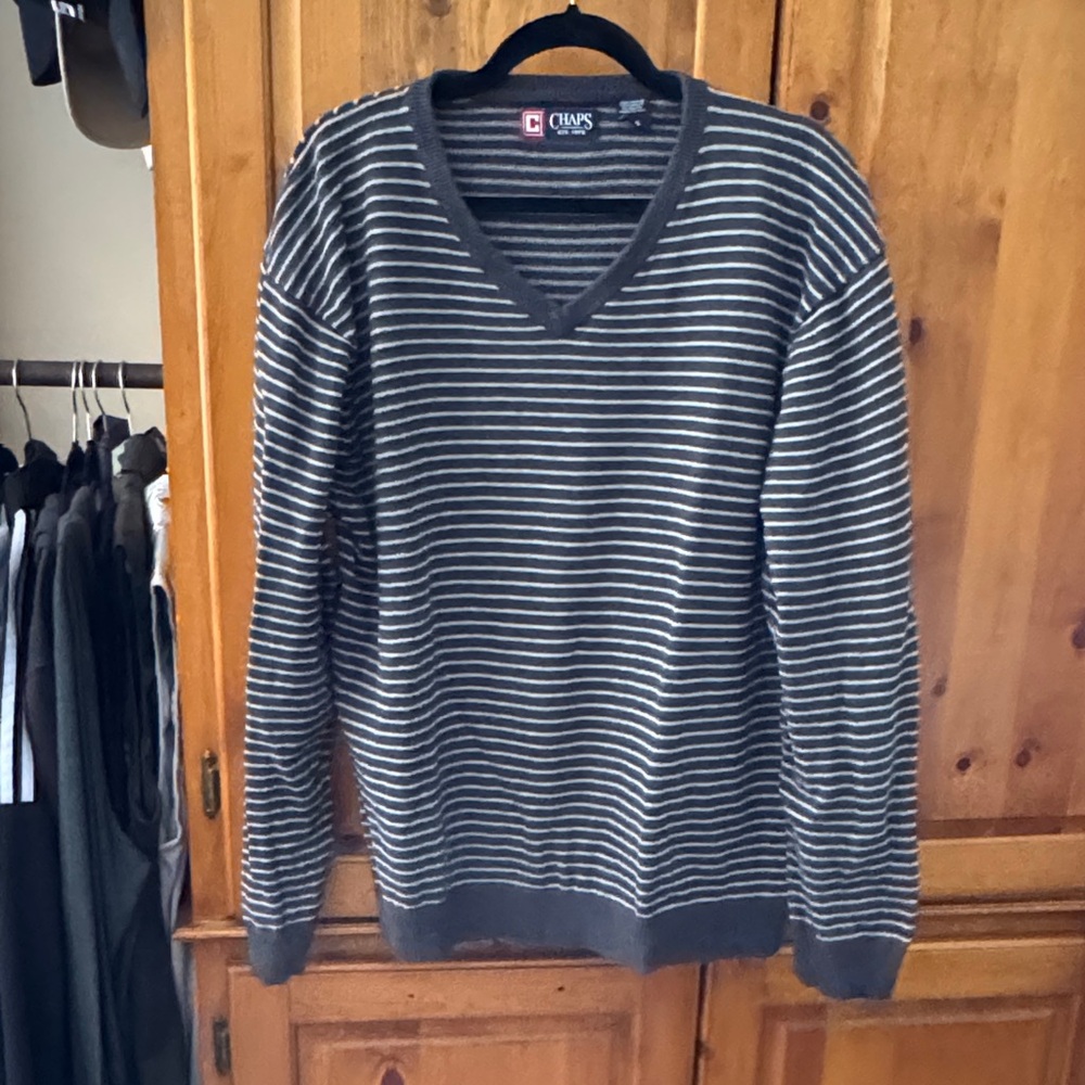 Chaps Charcoal and Light Blue Striped V-Neck Sweater - 100% cotton
